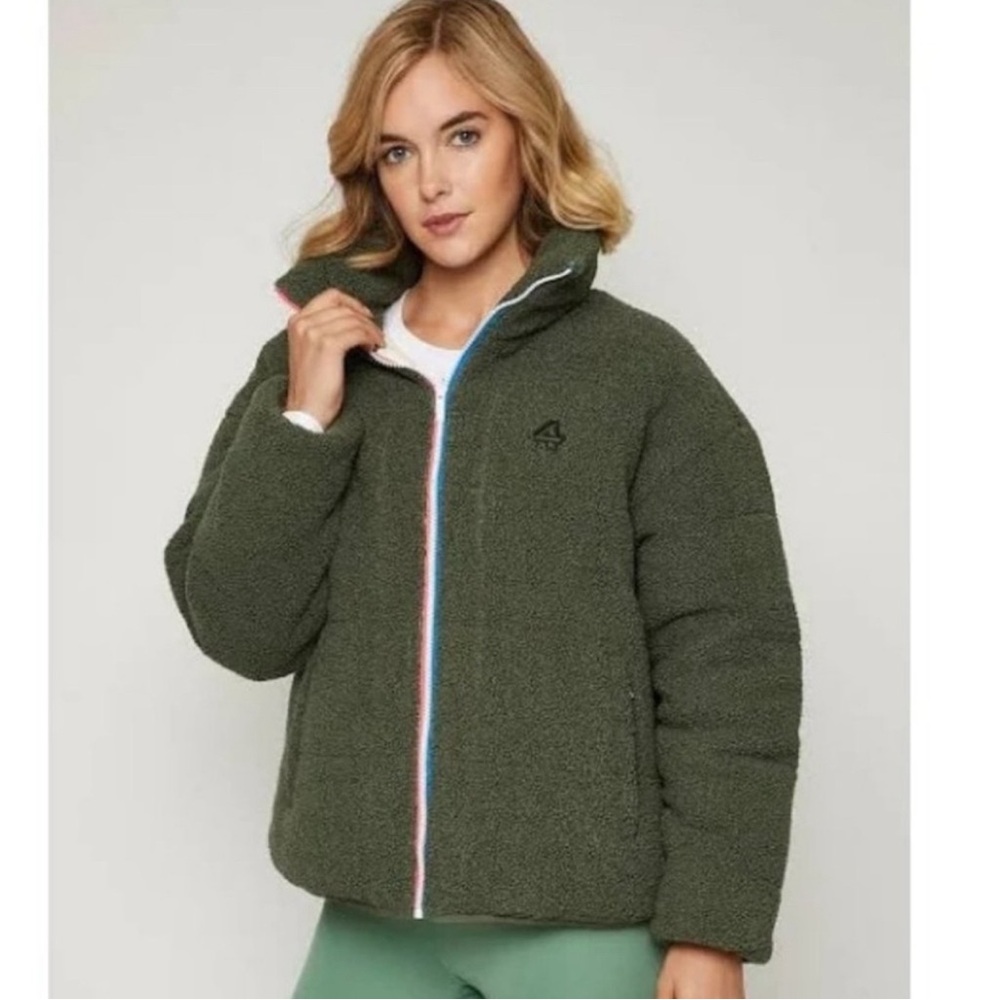 Reversible Quilted Sherpa Jacket White Green SMALL